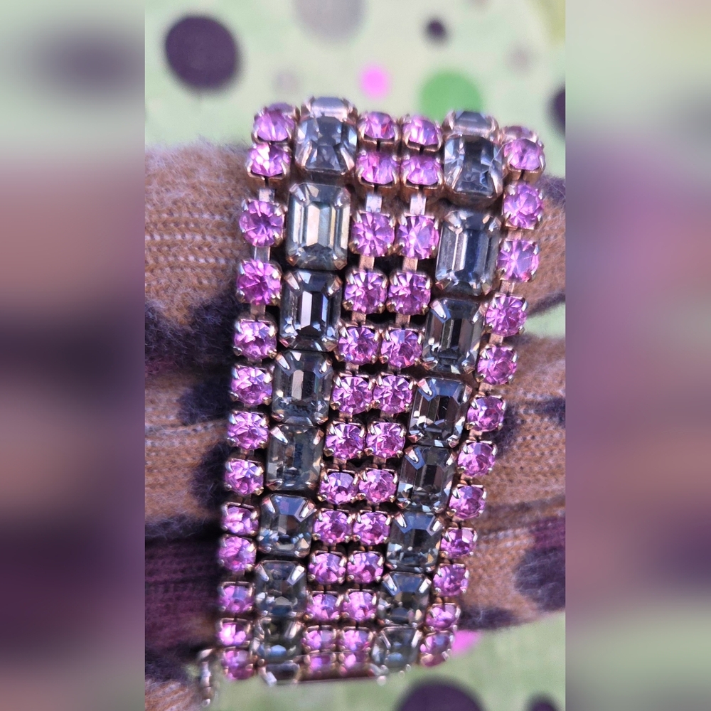 Vintage Pink & Smoky Gray Rhinestone Bracelet – Wide Panel Glam Statement, Gold